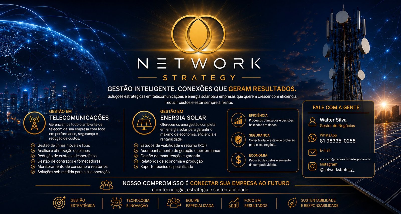 Network Strategy. Gestão inteligente em telecomunicações e energia solar. Contato: Walter Silva, telefone 81 98335-0258, e-mail contato@networkstrategy.com.br e Instagram @networkstrategy_.